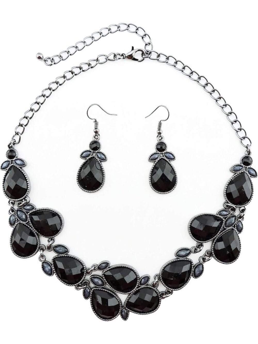 Women's Black Water Drop Collar Necklace Earrings Set Statement Jewelry